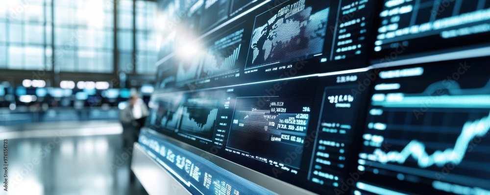 High-tech financial display with graphs and charts showcasing market trends and stock performance in a modern trading environment. High-tech financial display with graphs and charts showcasing market trends and stock performance in a modern trading environment.