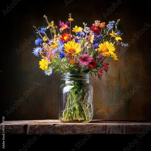 A vase filled with a colorful bouquet of flowers sits on a wooden table. The flowers are arranged in a way that creates a sense of harmony and balance, with each color complementing the others