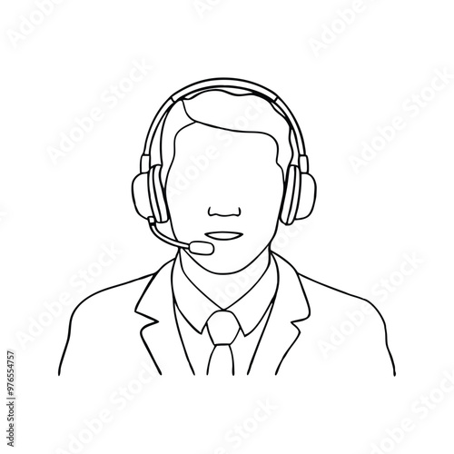 cartoon man wearing a headset continuous black line art isolated flat vector illustration on white background.