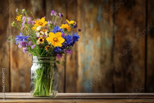A vase of flowers sits on a wooden table. The flowers are a mix of yellow and blue, and they are arranged in a way that makes them look like they are in a jar