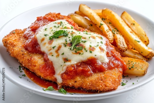 Chicken Parmigiana, A breaded chicken schnitzel topped with tomato sauce and melted cheese, often served with chips (fries) and a side salad. isolated on white background