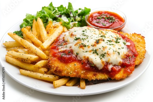 Chicken Parmigiana, A breaded chicken schnitzel topped with tomato sauce and melted cheese, often served with chips (fries) and a side salad. Isolated on White Background