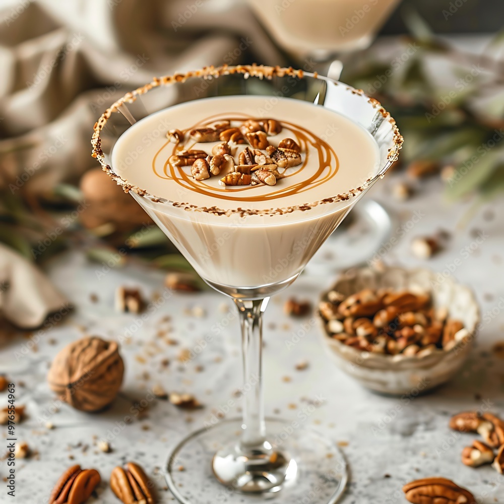 A pecan and caramel martini garnished with pecans and a caramel drizzle in a martini glass. A pecan and caramel martini garnished with pecans and a caramel drizzle in a martini glass.