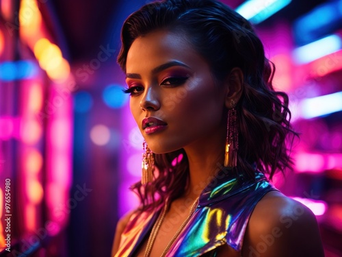 High Fashion model girl in colorful bright neon lights posing in studio