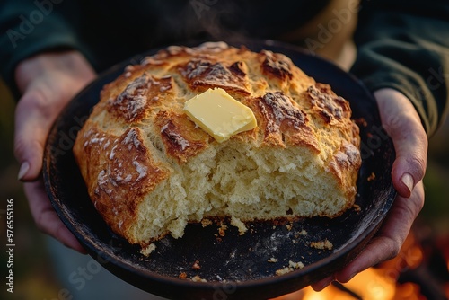 Damper, A traditional Australian soda bread, originally prepared by early settlers and bushmen, typically cooked over an open fire and served with butter, golden syrup, or jam. photo