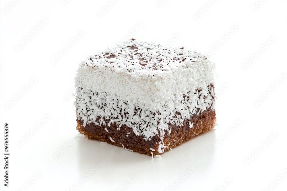 Lamington, A square sponge cake coated in a layer of chocolate sauce and rolled in desiccated coconut, often filled with a layer of cream or jam. isolated on white background Lamington, A square sponge cake coated in a layer of chocolate sauce and rolled in desiccated coconut, often filled with a layer of cream or jam. isolated on white background