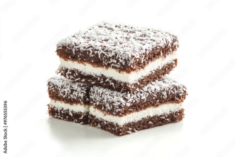 Lamington, A square sponge cake coated in a layer of chocolate sauce and rolled in desiccated coconut, often filled with a layer of cream or jam. isolated on white background Lamington, A square sponge cake coated in a layer of chocolate sauce and rolled in desiccated coconut, often filled with a layer of cream or jam. isolated on white background