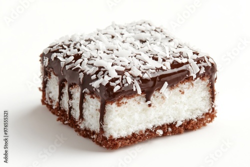 Lamington, A square sponge cake coated in a layer of chocolate sauce and rolled in desiccated coconut, often filled with a layer of cream or jam. Isolated on White Background photo