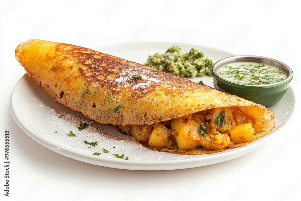 Masala Dosa, A crispy, thin pancake made from fermented rice and lentil batter, filled with a spicy potato mixture, and served with sambar and coconut chutney, Isolated on White Background Masala Dosa, A crispy, thin pancake made from fermented rice and lentil batter, filled with a spicy potato mixture, and served with sambar and coconut chutney, Isolated on White Background