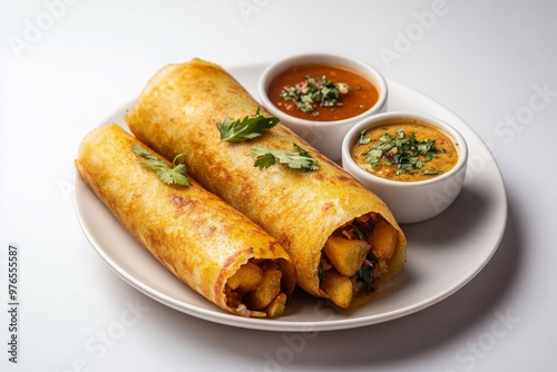 Masala Dosa, A crispy, thin pancake made from fermented rice and lentil batter, filled with a spicy potato mixture, and served with sambar and coconut chutney.