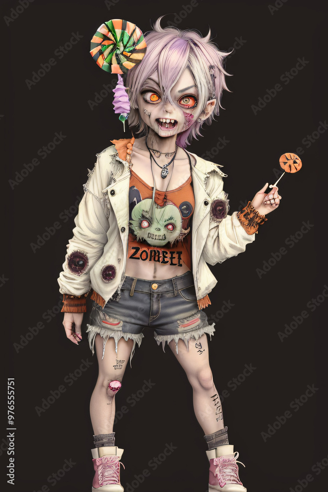 Playful Chibi Zombie with Halloween Lollipop Full-Body Illustration Playful Chibi Zombie with Halloween Lollipop Full-Body Illustration