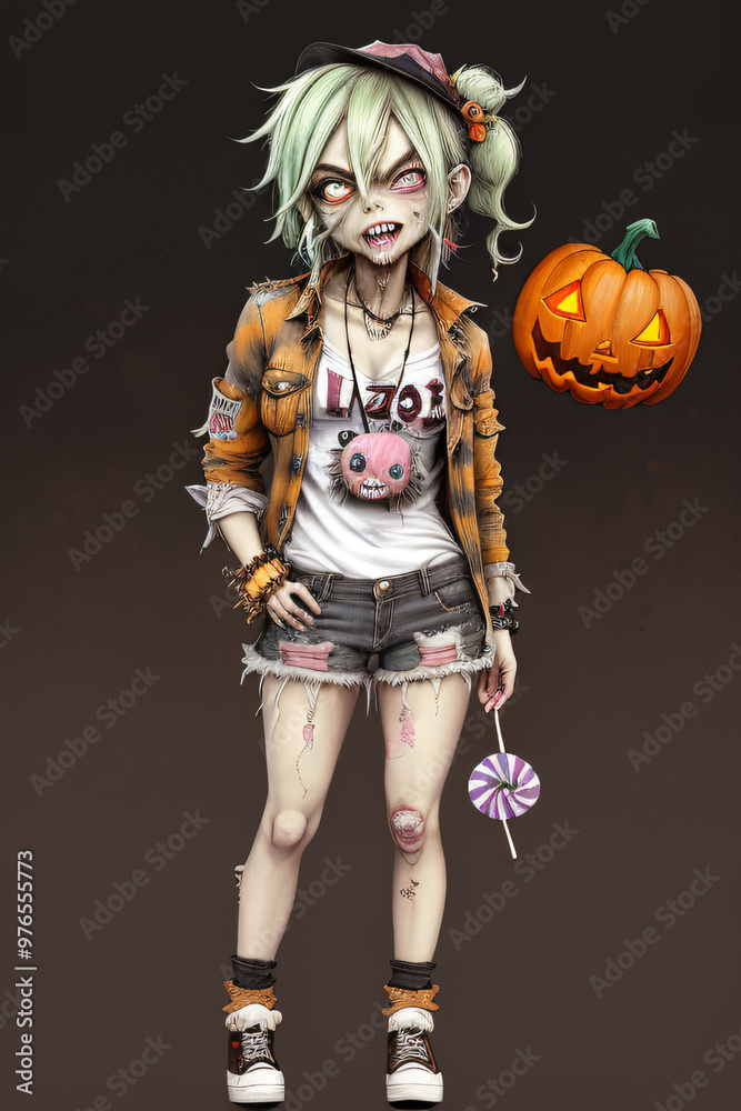 Playful Chibi Zombie with Halloween Lollipop Full-Body Illustration Playful Chibi Zombie with Halloween Lollipop Full-Body Illustration
