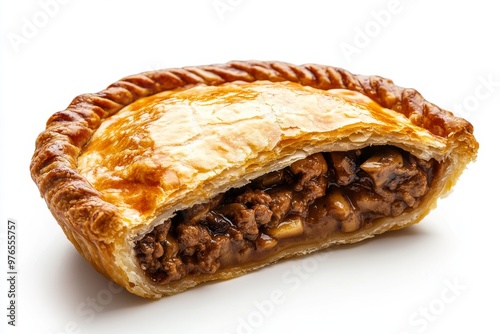 Meat Pie, A hand-sized pie filled with minced meat, gravy, mushrooms, onions, and sometimes cheese, considered a staple snack or meal, isolated on white background photo