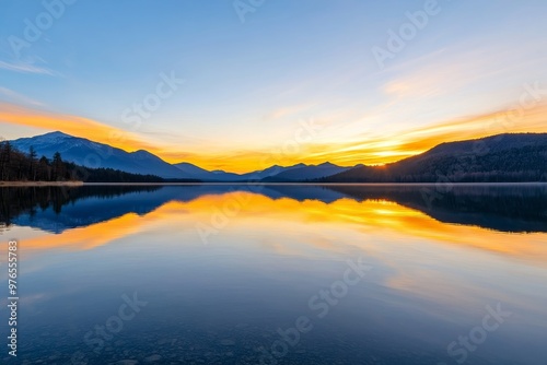 Mountain Lake Sunset Reflection, serene landscape with vivid colors reflecting in the water, showcasing tranquility, nature, mountains, water, and sunset.