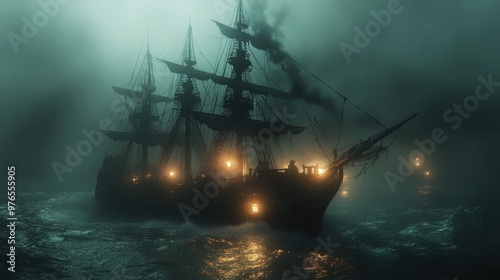 Ghostly Pirate Ship Navigating Midnight Storm with Eerie Figures on Deck in Blender Rendered Scene