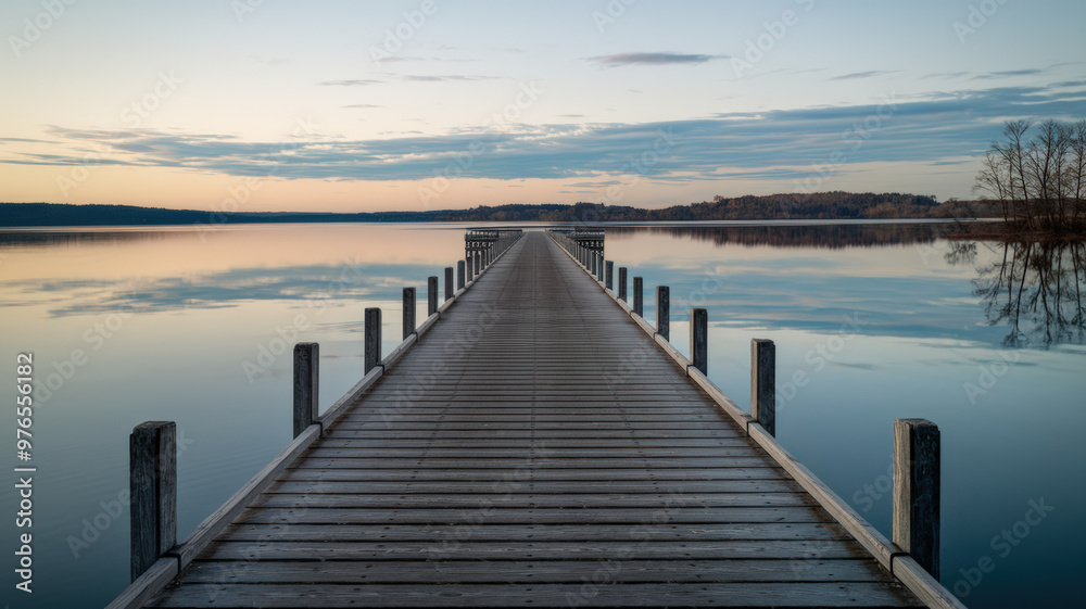 A photo of a long, wooden pier extending into the calm, tranquil waters of a serene lake. The pier is lined with wooden posts. The sky is clear, with a few clouds, and the trees on the distant shore A photo of a long, wooden pier extending into the calm, tranquil waters of a serene lake. The pier is lined with wooden posts. The sky is clear, with a few clouds, and the trees on the distant shore