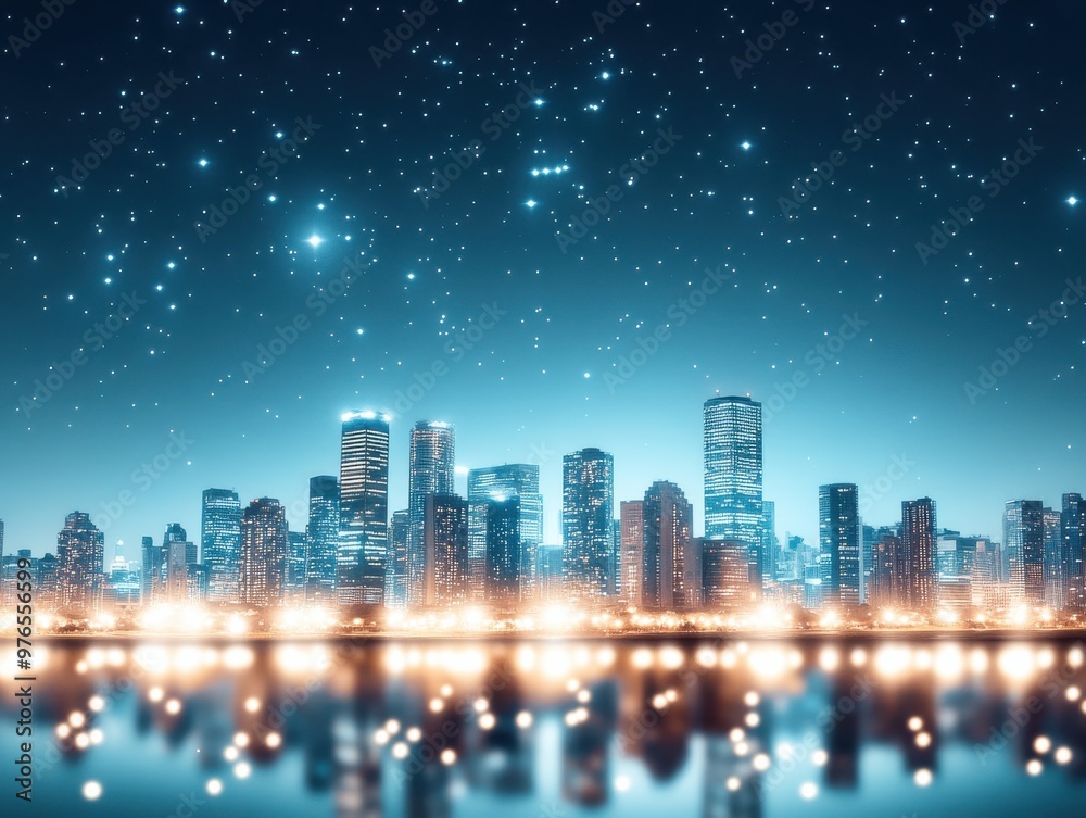 Stunning night skyline view with twinkling stars and glowing city lights reflected on water, creating a serene urban atmosphere. Stunning night skyline view with twinkling stars and glowing city lights reflected on water, creating a serene urban atmosphere.