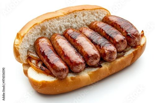 Sausage Sizzle, A typical Australian barbecue featuring sausages cooked on a grill, Isolated on White Background