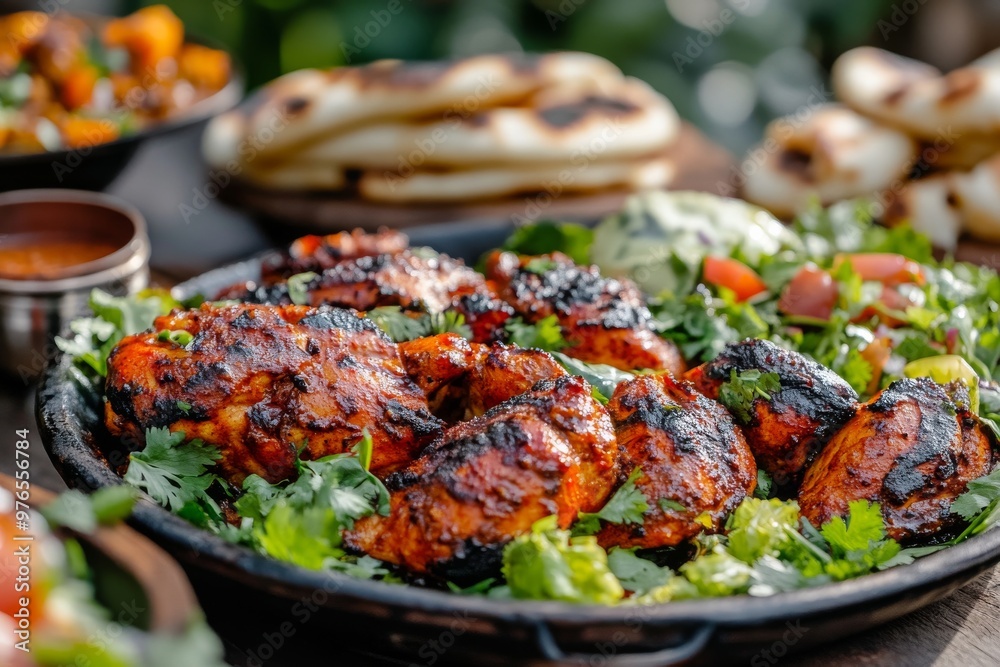 Tandoori Chicken, Chicken marinated in yogurt and a blend of spices, then cooked in a tandoor (clay oven) until charred and smoky, often served with naan and salad. Tandoori Chicken, Chicken marinated in yogurt and a blend of spices, then cooked in a tandoor (clay oven) until charred and smoky, often served with naan and salad.