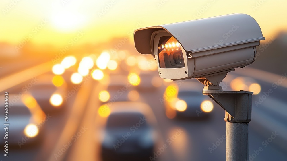 Surveillance camera captures busy highway traffic at sunset, enhancing security and monitoring road activities effectively. Surveillance camera captures busy highway traffic at sunset, enhancing security and monitoring road activities effectively.