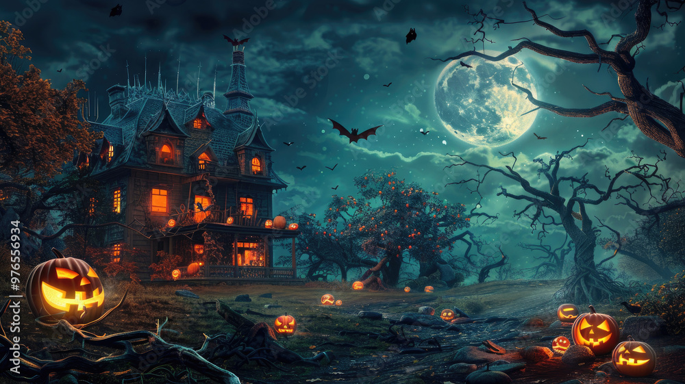 Halloween background with haunted house, lit pumpkin lanterns and full moon in the cloudy night sky Halloween background with haunted house, lit pumpkin lanterns and full moon in the cloudy night sky