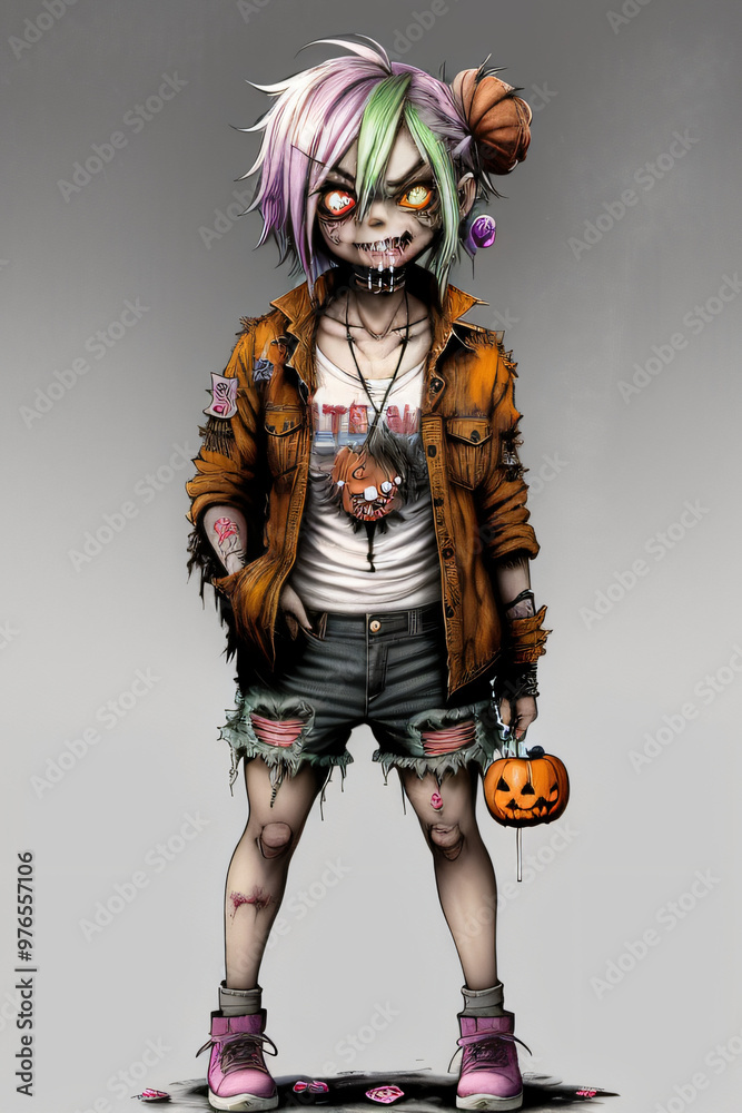Playful Chibi Zombie with Halloween Lollipop Full-Body Illustration Playful Chibi Zombie with Halloween Lollipop Full-Body Illustration