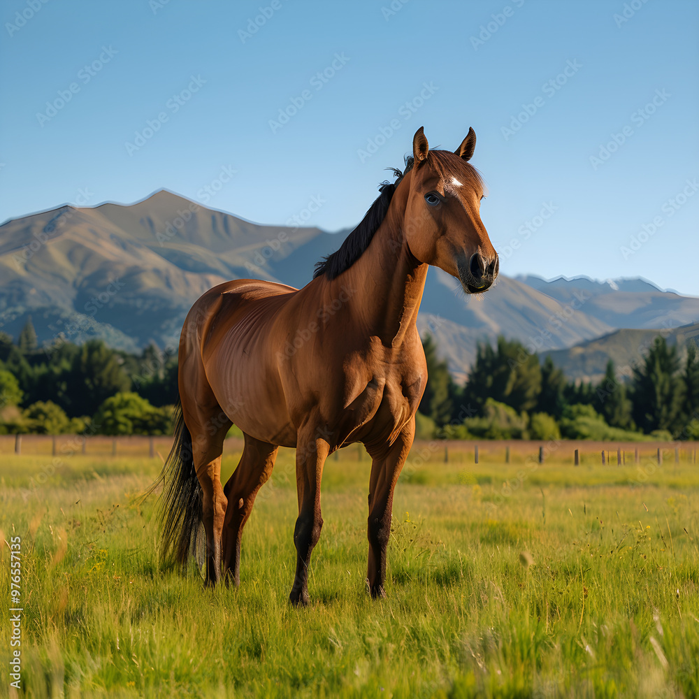 Majestic Brown Horse in a Serene Meadow with a Picturesque Natural Backdrop Majestic Brown Horse in a Serene Meadow with a Picturesque Natural Backdrop