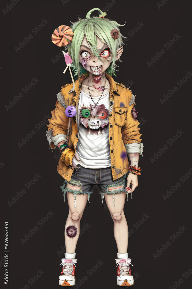 Playful Chibi Zombie with Halloween Lollipop Full-Body Illustration Playful Chibi Zombie with Halloween Lollipop Full-Body Illustration