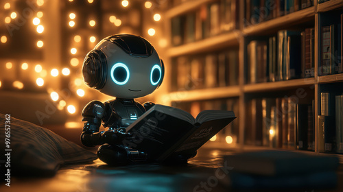 A charming robot reading book in cozy library filled with warm lights creates delightful atmosphere. scene captures joy of learning and exploration