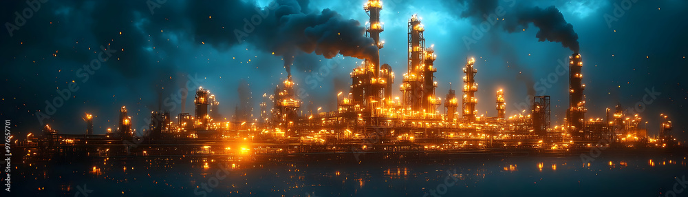 Illustration of Industrial Night - Oil Refinery Plant with Fire Reflection, Smoke, and Dark Blue Sky Illustration of Industrial Night - Oil Refinery Plant with Fire Reflection, Smoke, and Dark Blue Sky