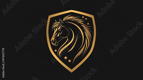 A gold horse head logo inside a shield.