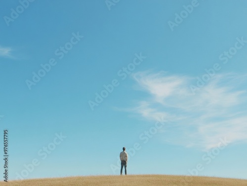 Solitary Traveler on Hilltop Under Clear Blue Sky, Capturing Serenity and Freedom of Open Spaces