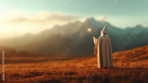 A mystical figure in a flowing robe stands against a stunning mountain backdrop, holding a glowing wand under a soft sunset. photo