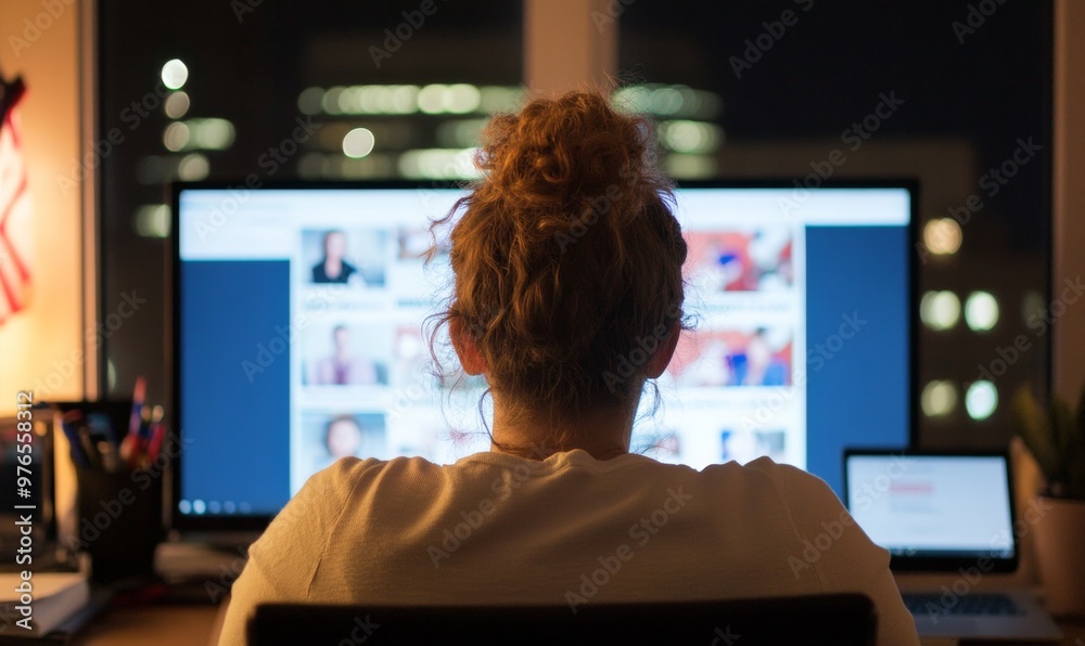 Office Worker Watching Live Election Updates on Computer Monitor at Night Office Worker Watching Live Election Updates on Computer Monitor at Night