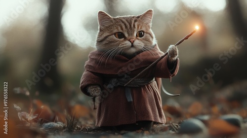 A whimsical cat dressed as a wizard, holding a glowing wand in a magical forest setting, perfect for fantasy lovers. photo