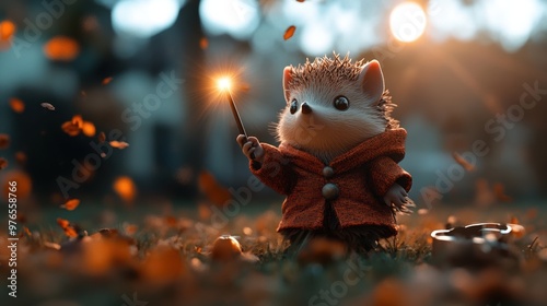 A whimsical hedgehog character in a cozy coat, holding a wand in a magical autumn setting, surrounded by falling leaves. photo