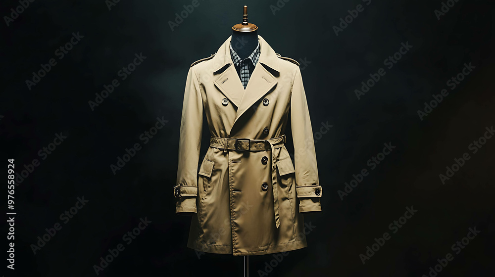 Classic men's beige trench coat with a double breasted closure. Classic men's beige trench coat with a double breasted closure.