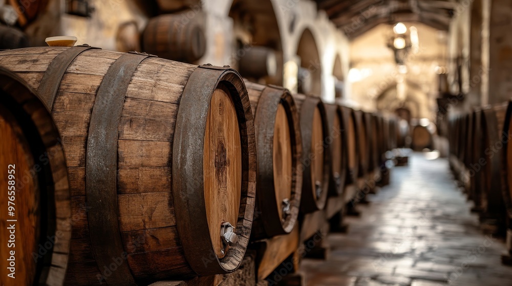 Side view of a row of aged tequila barrels in a historic factory, showcasing the traditional craftsmanship and process of tequila production. Side view of a row of aged tequila barrels in a historic factory, showcasing the traditional craftsmanship and process of tequila production.