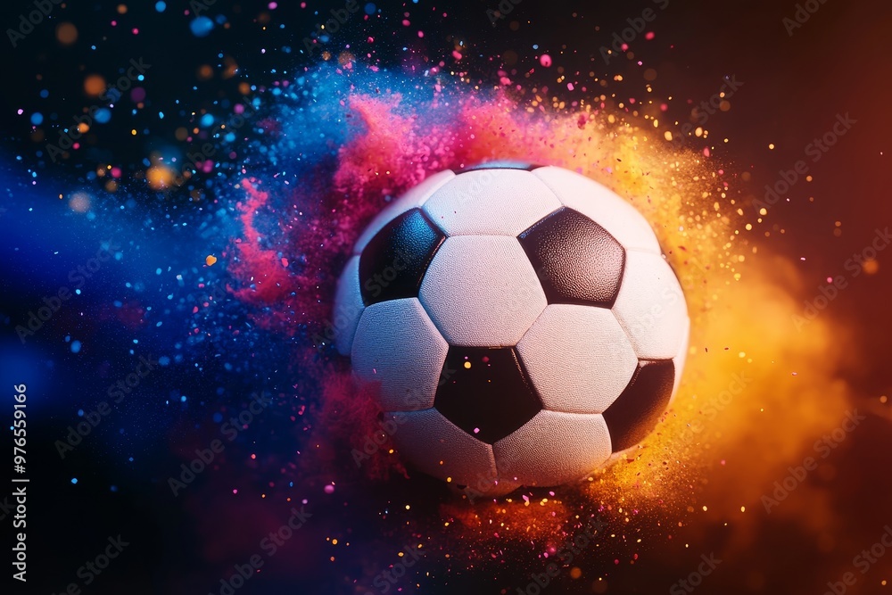 Fototapeta premium Soccer Ball Explosion with Colorful Sparks - A dynamic image of a soccer ball exploding with vibrant, colorful sparks symbolizing energy, passion, and excitement.