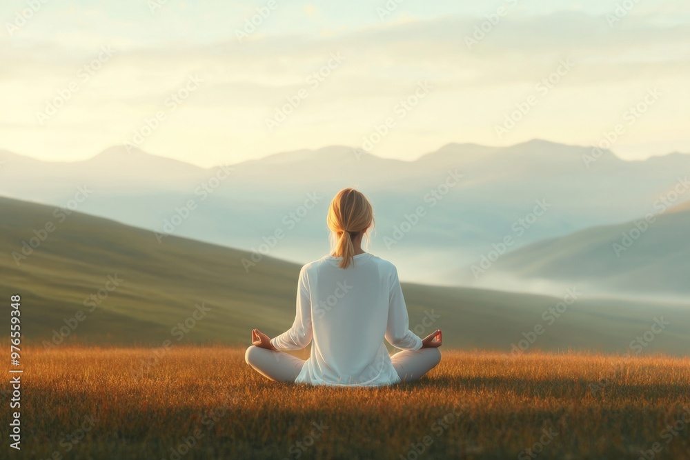 Tranquil Morning Meditation Woman in White Meditating on Scenic Hilltop Amidst Misty Mountains Tranquil Morning Meditation Woman in White Meditating on Scenic Hilltop Amidst Misty Mountains