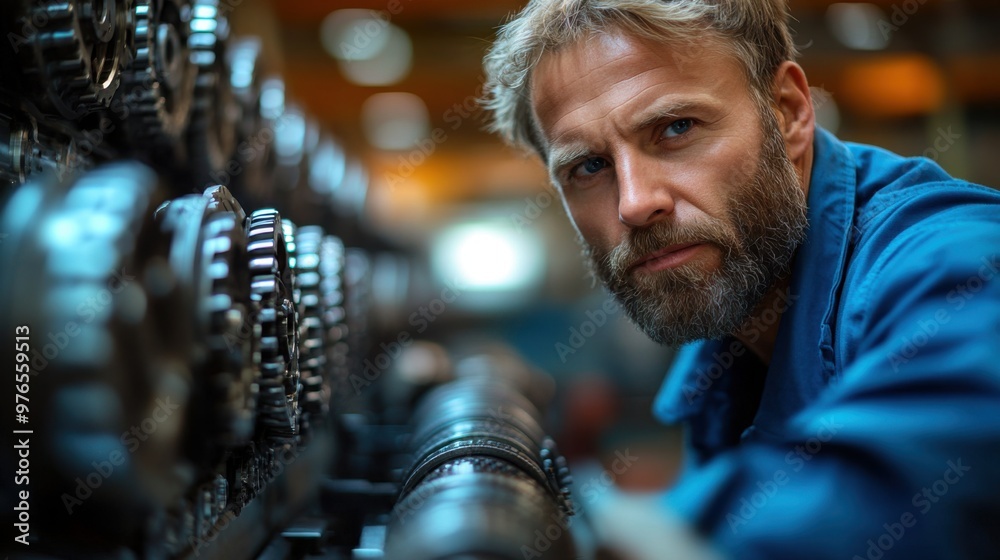 Precision Inspection in Clean Factory Environment - Factory Worker Examining Assembly Line Machinery under Daylight, Nikon Z7 85mm Lens Photography Precision Inspection in Clean Factory Environment - Factory Worker Examining Assembly Line Machinery under Daylight, Nikon Z7 85mm Lens Photography