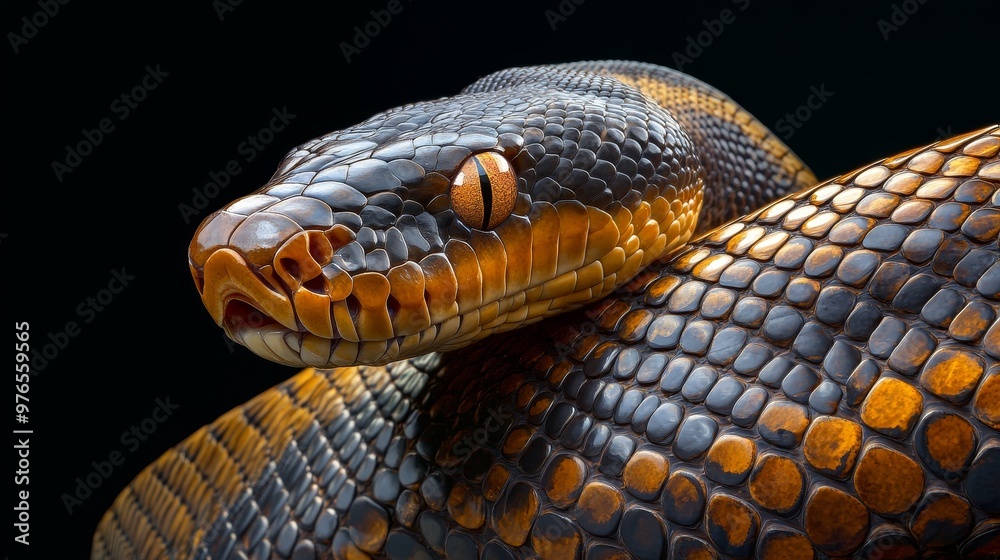 Fototapeta premium Stunning close-up of a python showcasing its distinct scales and vivid coloration in a captivating design. A symbol of beauty, nature, and wildlife.