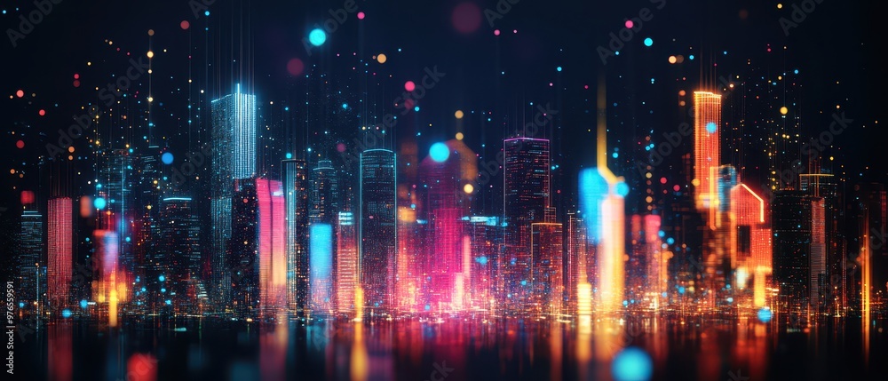Futuristic cityscape made of holographic lights, colorful technology wallpaper