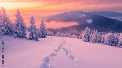 Winter mountain landscape at sunrise with orange and pink hues, snow-covered trees, footprints in the snow, and misty mountains.
