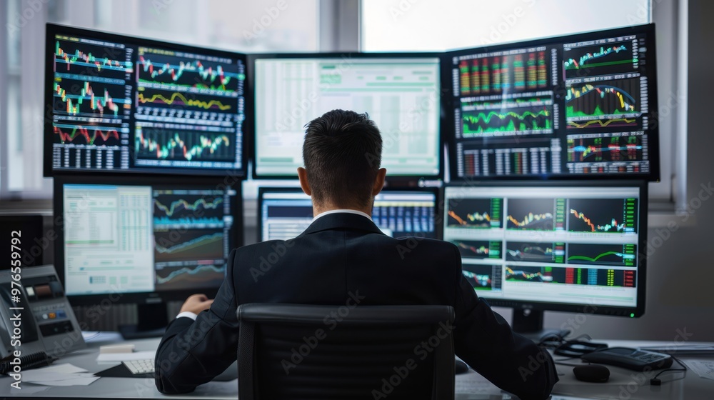 A businessman in a suit intensely monitoring stock market data on multiple screens A businessman in a suit intensely monitoring stock market data on multiple screens