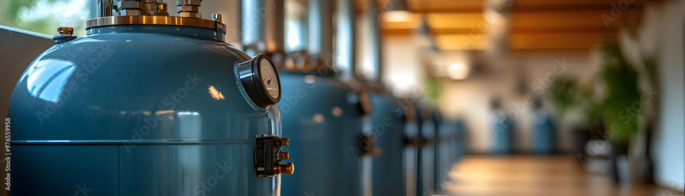 Photo - Blue Water Tanks and Gauges in a Boiler Room