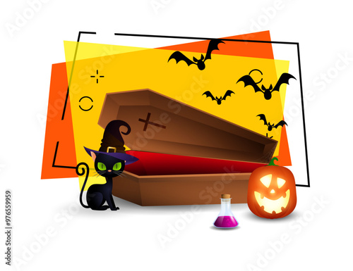 Black cat in witch hat nearby coffin. Pumpkin lantern and flask with poison. Halloween banner design with flying bats on background. Vector illustration can be used for invitations, posters, postcards