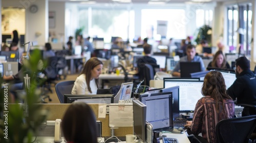 A bustling office environment of a mid-sized business with employees at work