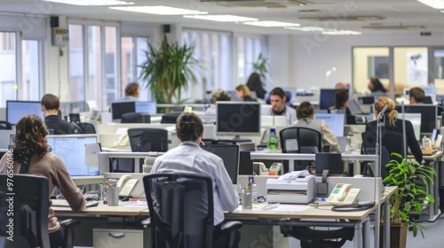 A bustling office environment of a mid-sized business with employees at work