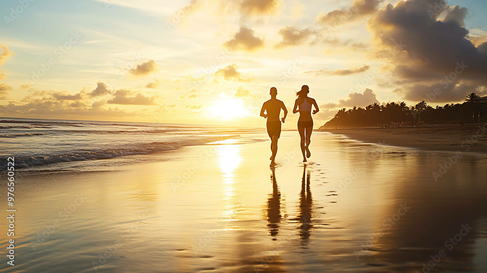 Fototapeta premium Silhouettes of a couple running on a beach at sunset.